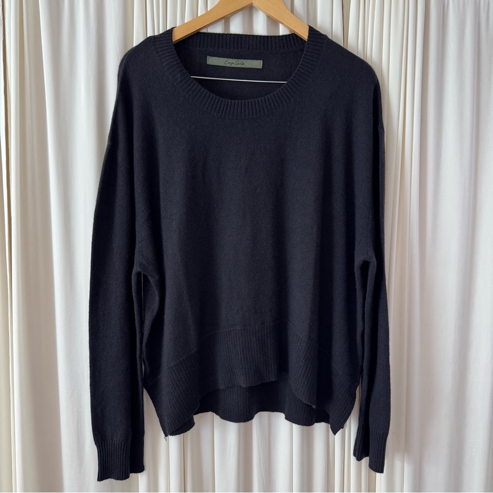 Enza Costa Black 100% Cashmere Long Sleeve Crewneck Sweater Sz Large‎ Winter - Picture 3 of 7